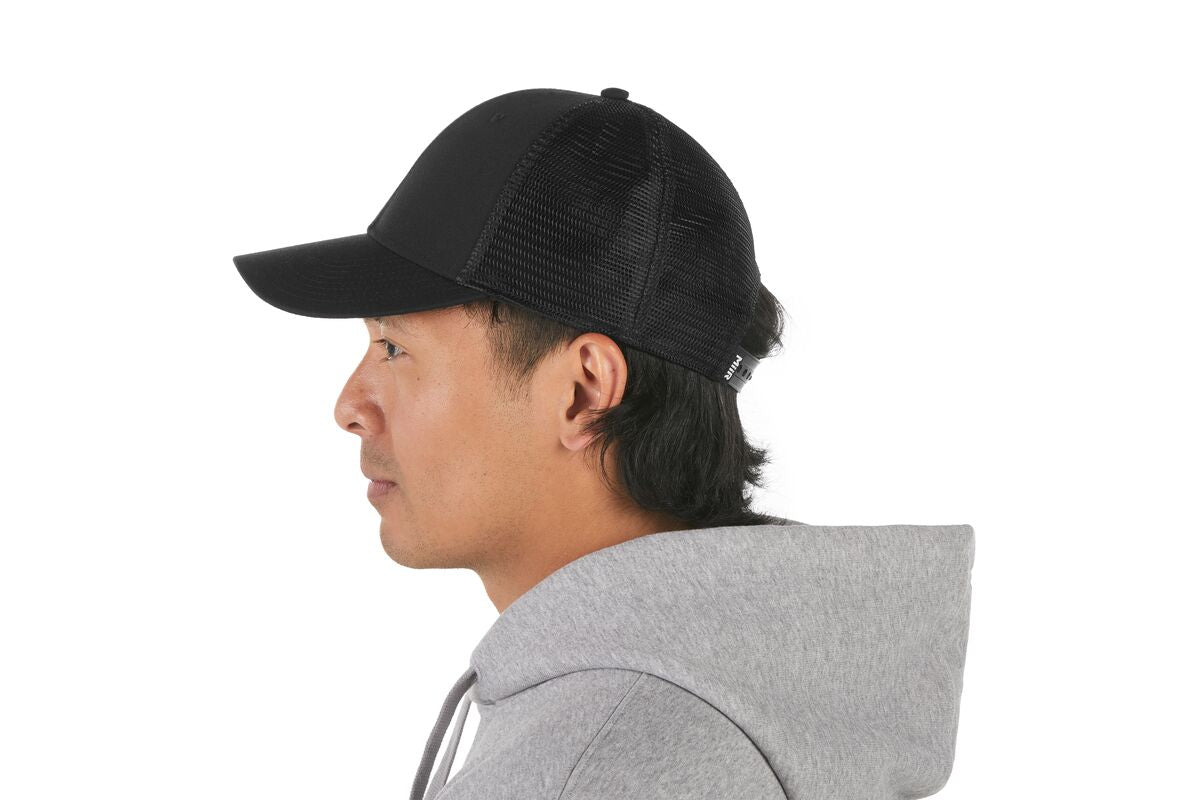 recycled-poly-low-profile-trucker-hat-r0 WebPDP-HAT002002_Recycled_Poly_Low_Profile_Trucker_Hat_Black_Studio_Harper_Studios_0723_Back__HAT002002OS.jpg