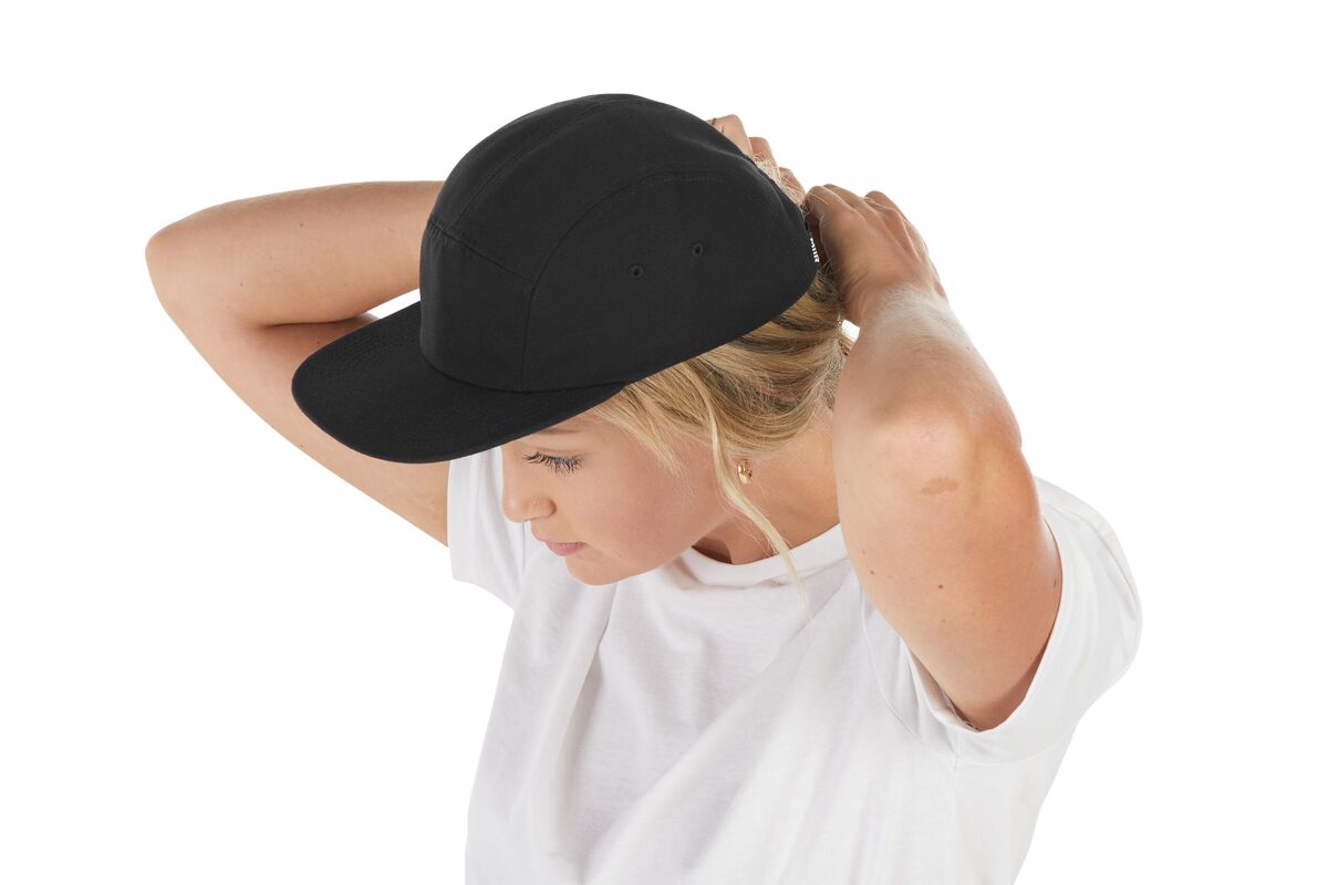 recycled-poly-flat-brim-5-panel-hat-g2 WebPDP-HAT003002_Recycled_Poly_Flat_Brim_5Panel_Hat_Black_Studio_Harper_Studios_0723_Side_4__HAT003002OS.jpg